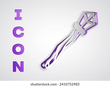 Recorte de papel Icono de personal mágico aislado en fondo gris. varita mágica, cetro, palo, vara. Estilo de arte de papel. Vector