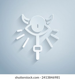 Recorte de papel Icono de personal mágico aislado en fondo gris. varita mágica, cetro, palo, vara. Estilo de arte de papel. Vector