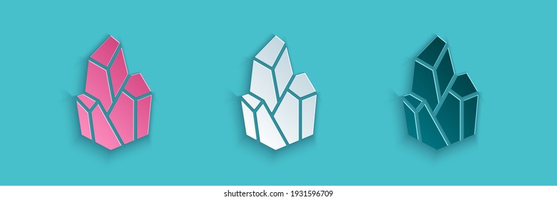 Recorte de papel Icono de piedra mágica aislado en fondo azul. Cristal de fantasía. Gema de joyas para el juego. Estilo de arte de papel. Vector