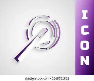 Paper cut Magic wand icon isolated on grey background. Star shape magic accessory. Magical power. Paper art style. Vector Illustration