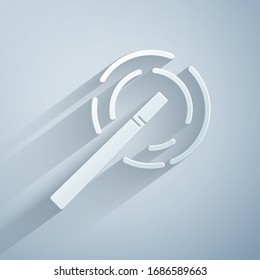 Paper cut Magic wand icon isolated on grey background. Star shape magic accessory. Magical power. Paper art style. Vector Illustration