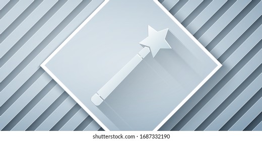 Paper cut Magic wand icon isolated on grey background. Star shape magic accessory. Magical power. Paper art style. Vector Illustration