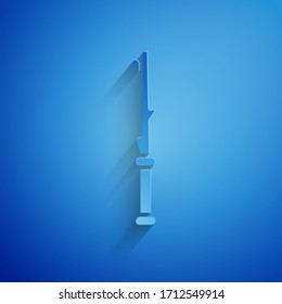 Paper cut Magic wand icon isolated on blue background. Star shape magic accessory. Magical power. Paper art style. Vector Illustration