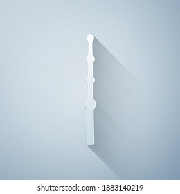 Paper cut Magic wand icon isolated on grey background. Star shape magic accessory. Magical power. Paper art style. Vector