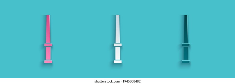 Cortar papel Icono de varita mágica aislado en fondo azul. Complemento mágico de forma estrella. Poder mágico. Estilo de arte de papel. Vector