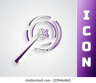 Paper cut Magic wand icon isolated on grey background. Star shape magic accessory. Magical power. Paper art style. Vector Illustration