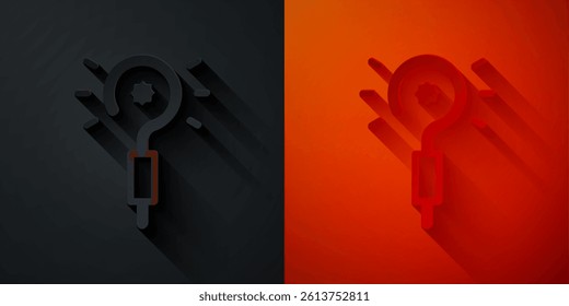 Paper cut Magic wand icon isolated on black and red background. Star shape magic accessory. Magical power. Paper art style. Vector
