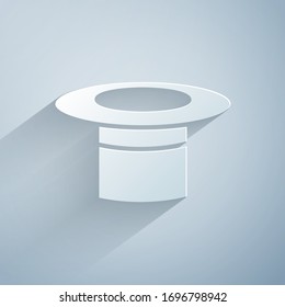 Paper cut Magician hat icon isolated on grey background. Magic trick. Mystery entertainment concept. Paper art style. Vector Illustration