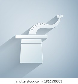 Paper cut Magician hat icon isolated on grey background. Magic trick. Mystery entertainment concept. Paper art style. Vector
