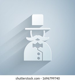 Paper cut Magician icon isolated on grey background. Paper art style. Vector Illustration