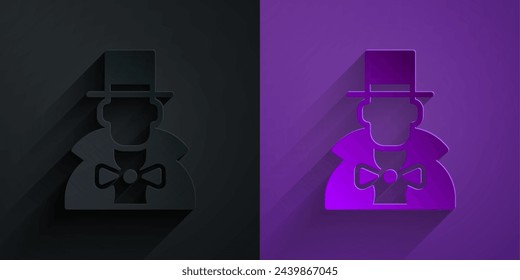 Paper cut Magician icon isolated on black on purple background. Paper art style. Vector