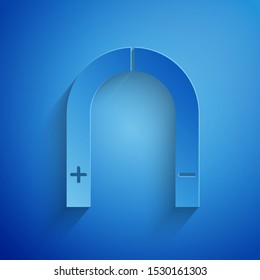 Paper cut Magnet icon isolated on blue background. Horseshoe magnet, magnetism, magnetize, attraction. Paper art style. Vector Illustration