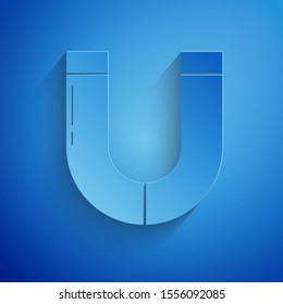 Paper cut Magnet icon isolated on blue background. Paper art style. Vector Illustration