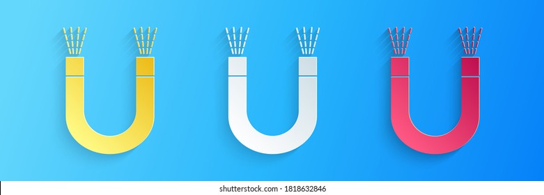 Paper cut Magnet icon isolated on blue background. Horseshoe magnet, magnetism, magnetize, attraction. Paper art style. Vector.