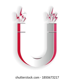 Papier geschnitten Magnet Symbol einzeln auf weißem Hintergrund. Hufeisenmagnet, Magnetismus, Magnetisierung, Attraktion. Kunststil aus Papier. Vektorgrafik.