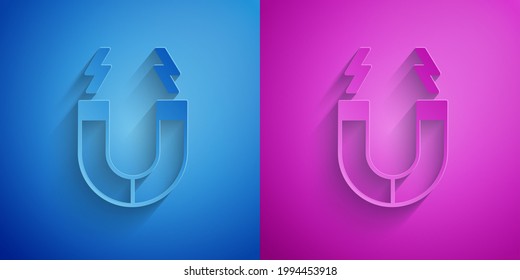 Paper cut Magnet icon isolated on blue and purple background. Horseshoe magnet, magnetism, magnetize, attraction. Paper art style. Vector