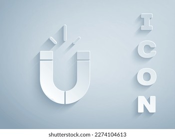 Paper cut Magnet icon isolated on grey background. Horseshoe magnet, magnetism, magnetize, attraction. Paper art style. Vector