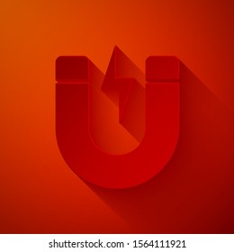 Paper cut Magnet with lightning icon isolated on red background. Horseshoe magnet, magnetism, magnetize, attraction sign. Paper art style. Vector Illustration