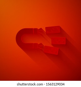 Paper cut Magnet with money icon isolated on red background. Concept of attracting investments, money. Big business profit attraction and success. Paper art style. Vector Illustration