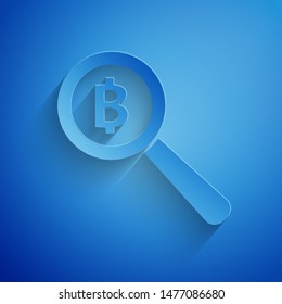 Paper cut Magnifying glass with Bitcoin icon isolated on blue background. Physical bit coin. Blockchain based secure crypto currency. Paper art style. Vector Illustration