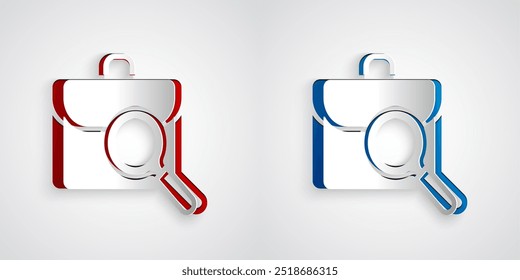 Paper cut Magnifying glass with briefcase icon isolated on grey background. Job hunting. Work search concept. Unemployment, head hunting, career. Paper art style. Vector