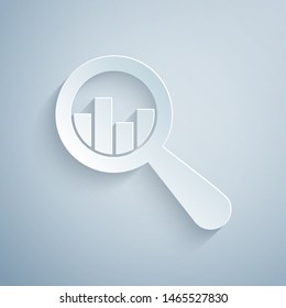 Paper cut Magnifying glass and data analysis icon isolated on grey background. Paper art style. Vector Illustration