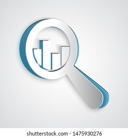 Paper cut Magnifying glass and data analysis icon isolated on grey background. Paper art style. Vector Illustration