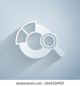 Paper cut Magnifying glass and data analysis icon isolated on grey background. Search sign. Paper art style. Vector