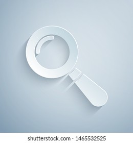 Paper cut Magnifying glass icon isolated on grey background. Search, focus, zoom, business symbol. Paper art style. Vector Illustration