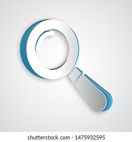 Paper cut Magnifying glass icon isolated on grey background. Search, focus, zoom, business symbol. Paper art style. Vector Illustration