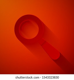 Paper cut Magnifying glass icon isolated on red background. Search, focus, zoom, business symbol. Paper art style. Vector Illustration