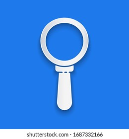 Paper cut Magnifying glass icon isolated on blue background. Search, focus, zoom, business symbol. Paper art style. Vector Illustration