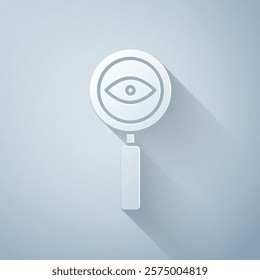 Paper cut Magnifying glass icon isolated on grey background. Search, focus, zoom, business symbol. Paper art style. Vector Illustration