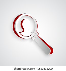 Paper cut Magnifying glass for search a people icon isolated on grey background. Recruitment or selection. Search for employees and job. Paper art style. Vector Illustration