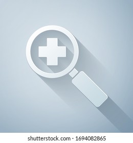 Paper Cut Magnifying Glass For Search Medical Icon Isolated On Grey Background. Hospital Search. Paper Art Style. Vector Illustration