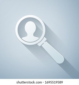 Paper cut Magnifying glass for search a people icon isolated on grey background. Recruitment or selection. Search for employees and job. Paper art style. Vector Illustration