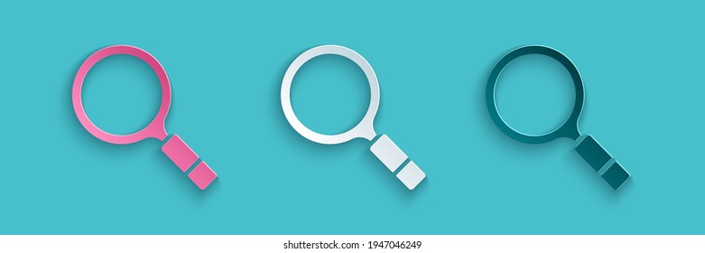 Paper cut Magnifying glass with search icon isolated on blue background. Detective is investigating. Paper art style. Vector