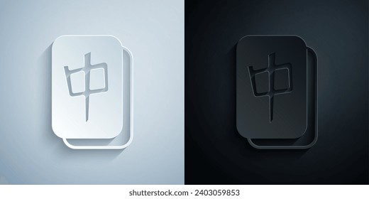 Paper cut Mahjong pieces icon isolated on grey and black background. Chinese mahjong red dragon game emoji. Paper art style. Vector