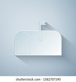 Paper cut Mail box icon isolated on grey background. Mailbox icon. Mail postbox on pole with flag. Paper art style. Vector Illustration