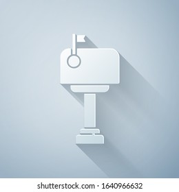 Paper cut Mail box icon isolated on grey background. Mailbox icon. Mail postbox on pole with flag. Paper art style. Vector Illustration
