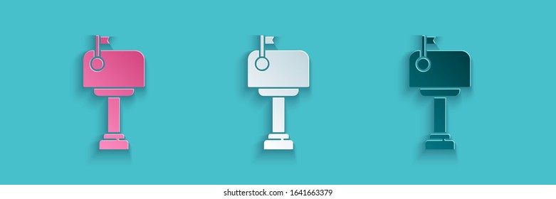 Paper cut Mail box icon isolated on blue background. Mailbox icon. Mail postbox on pole with flag. Paper art style. Vector Illustration