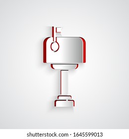 Paper cut Mail box icon isolated on grey background. Mailbox icon. Mail postbox on pole with flag. Paper art style. Vector Illustration