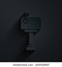 Paper cut Mail box icon isolated on black background. Mailbox icon. Mail postbox on pole with flag. Paper art style. Vector Illustration