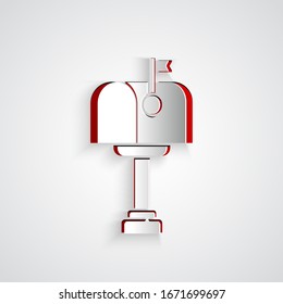Icono del cuadro Correo de corte de papel aislado en fondo gris. Icono de buzón. Postal de correo en el poste con la bandera. Estilo de arte de papel. Ilustración vectorial
