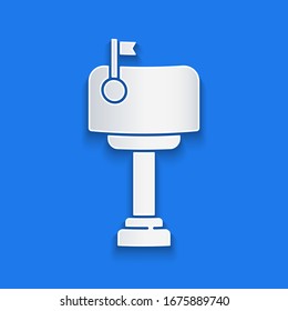 Paper cut Mail box icon isolated on blue background. Mailbox icon. Mail postbox on pole with flag. Paper art style. Vector Illustration