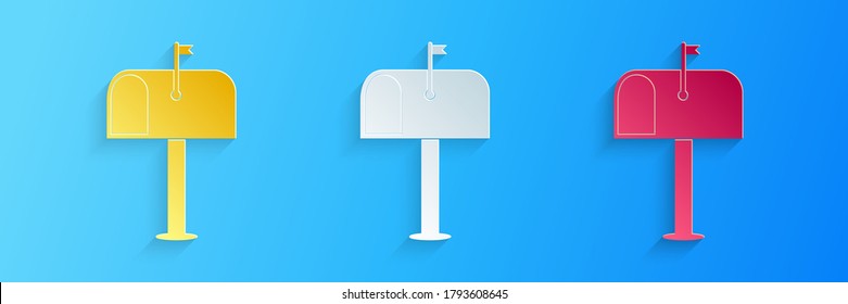 Icono del cuadro Correo de corte de papel aislado en fondo azul. Icono de buzón. Postal de correo en el poste con la bandera. Estilo de arte de papel. Vector.