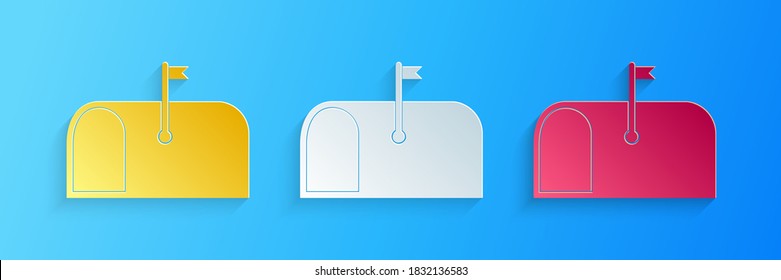 Icono del cuadro Correo de corte de papel aislado en fondo azul. Icono de buzón. Postal de correo en el poste con la bandera. Estilo de arte de papel. Vector.