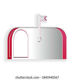Paper cut Mail box icon isolated on white background. Mailbox icon. Mail postbox on pole with flag. Paper art style. Vector.
