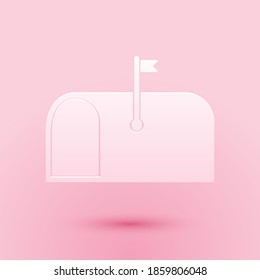Paper cut Mail box icon isolated on pink background. Mailbox icon. Mail postbox on pole with flag. Paper art style. Vector.