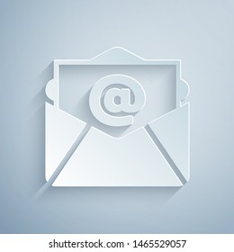 Paper cut Mail and e-mail icon isolated on grey background. Envelope symbol e-mail. Email message sign. Paper art style. Vector Illustration